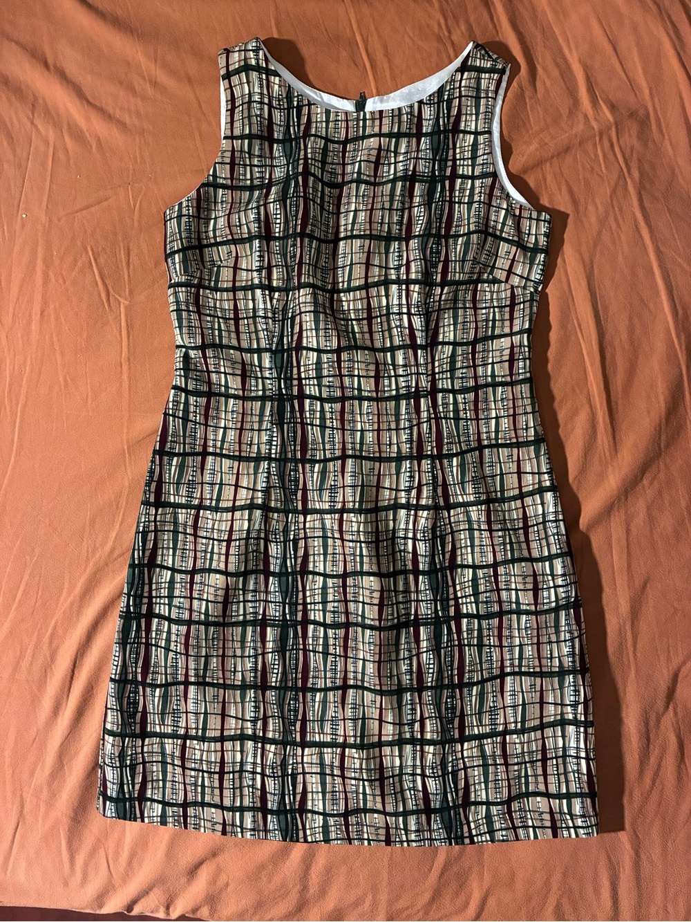 Sleeveless Plaid Shift Mini Dress in Beige and Black
